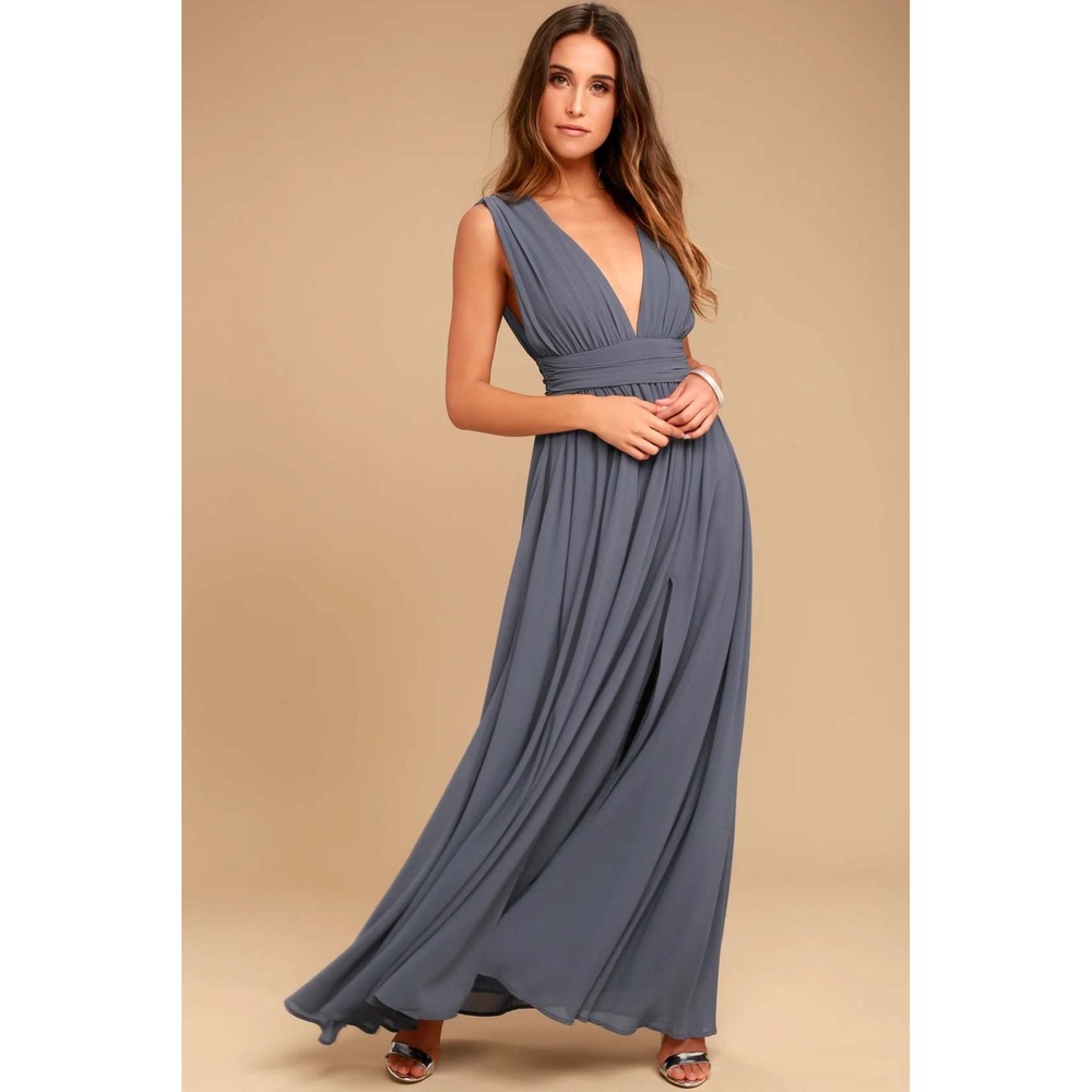 Lulus Heavenly Hues Denim Blue Maxi Dress Deep V-Neck Formal Gown Slit NWT XS